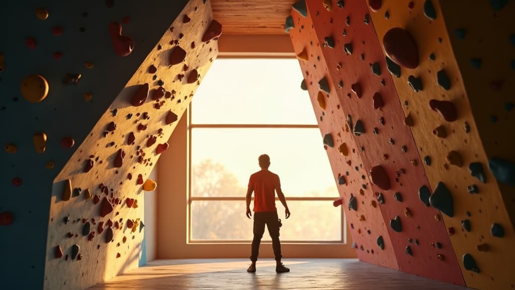 A climber reaching for colorful holds in a bright indoor gym