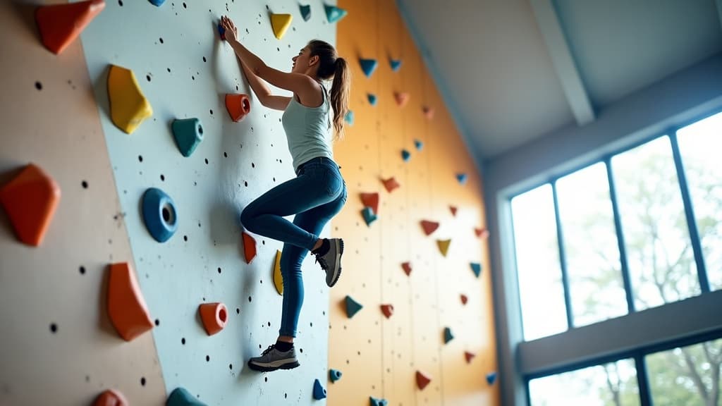 A climber mid-climb on a colorful wall at SummitSkills Climbing Academy
